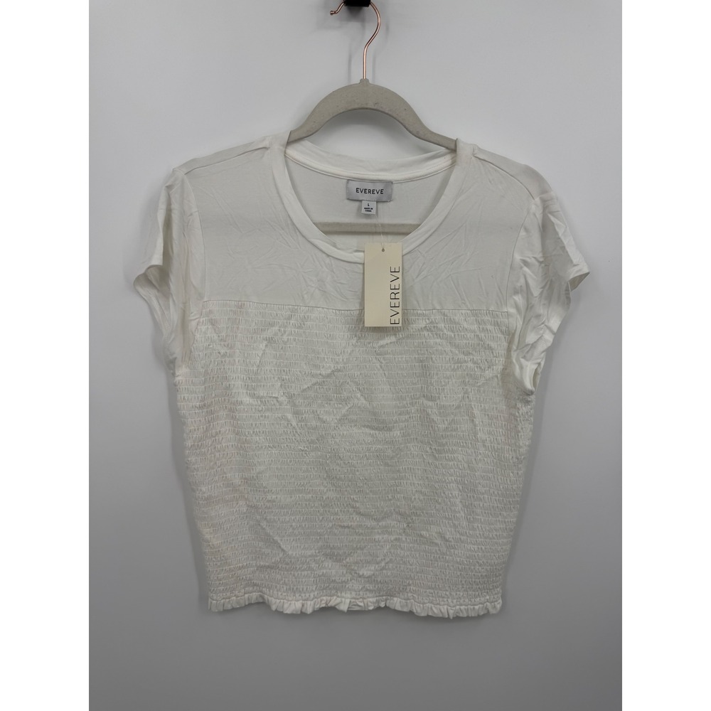 EVEREVE Elena Short Sleeve Smocked Top Womens Large White Textured Crew Neck NWT